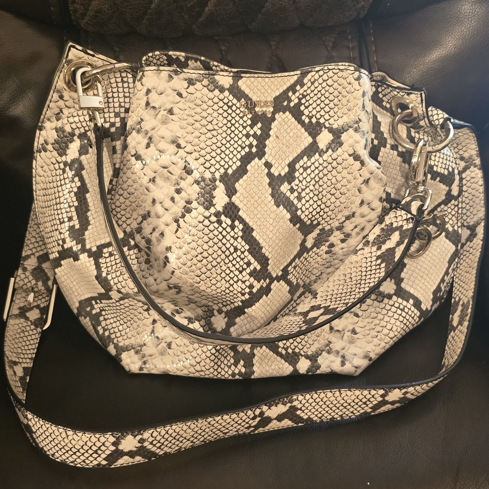 Guess Black and Cream Shoulder Bag with Snakeskin Print